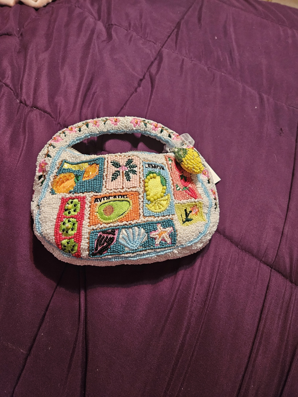 Beaded Fruit Patch Handbag - Colorful Lemon & Avocado Motif - Picture 3 of 3